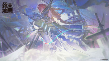 1girl arknights arknights:_endfield blue_hair blue_streaks breasts chinese_commentary closed_mouth commentary_request copyright_logo copyright_name copyright_notice ember_(arknights) gloves highres holding holding_sword holding_weapon logo long_hair mooofoo multicolored_hair official_art pale_color red_hair sideboob solo streaked_hair sword very_long_hair weapon yellow_eyes
