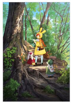 1girl 2others animal animal_hat bag baiguiyu bow dress forest green_dress green_hat hat high_heels highres lace lace_trim multiple_others nature orange_dress original rabbit_hat red_bow red_dress red_hair socks stairs suitcase tree twintails white_socks yellow_dress