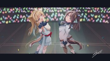 2girls almond_eye_(umamusume) animal_ears belt black_hair blush breasts commentary_request confetti daring_tact_(umamusume) fingerless_gloves gloves hair_ornament hairband highres horse_girl long_hair looking_at_viewer multiple_girls pantyhose rontuta6 smile stage standing star_(symbol) star_hair_ornament textless_version thighhighs umamusume