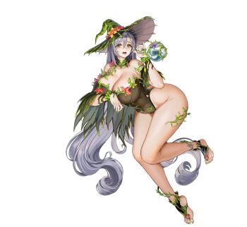 1girl :p @_@ absurdly_long_hair ass black_leotard bodypaint breasts circe_(last_origin) cleavage collar collarbone covered_navel detached_collar feet flower flower_bikini full_body game_cg green_collar green_eyes green_footwear green_nails grey_hair groin hair_between_eyes hat highleg highleg_leotard highres huge_breasts last_origin leaf leotard long_hair looking_at_viewer nail_polish official_alternate_costume official_art open_mouth plant potion purple_flower red_flower solo straddling tachi-e taesi thighs toeless_footwear tongue tongue_out transparent_background very_long_hair vines witch witch_hat wristband
