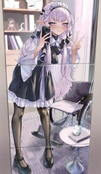 1girl absurdres alternate_costume black_bow black_bowtie black_dress black_pantyhose black_shoes blue_archive blue_eyes blunt_bangs blush bookshelf bow bowtie chinese_commentary collared_shirt commentary dress enmaided eyelashes flower frilled_dress frills full-length_mirror full_body grey_hair hair_flower hair_ornament hair_tubes hands_up highres himari_(blue_archive) holding holding_phone indoors leaning_forward long_hair long_pointy_ears long_sleeves looking_at_viewer maid maid_headdress mary_janes medium_dress mirror mole mole_under_eye pantyhose parted_lips phone pointy_ears reflection selfie shirt shoes sidelocks signature smile solo standing straight_hair sweatdrop table trembling tsurime v v-shaped_eyebrows very_long_hair wheelchair white_flower white_shirt wide_sleeves yyfuu
