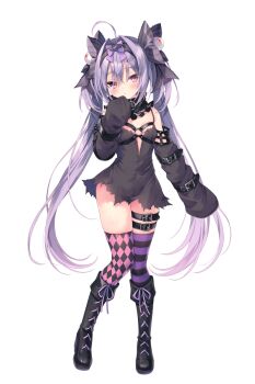 Rule 34 | 1girl, ahoge, asymmetrical legwear, belt, blush, boots, breasts, detached sleeves, dress, eyeball hair ornament, full body, long hair, looking at viewer, medama (rubi-sama), mismatched legwear, orange eyes, rubi-sama, short dress, small breasts, solo, tachi-e, thigh belt, thigh strap, thighhighs, transparent background, twintails, very long hair, yume utsutsu quintet