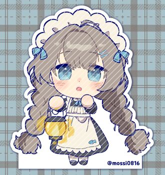 1girl :o apron black_dress blue_bow blue_eyes blush bow braid brown_hair chibi dress full_body hair_bow hands_up highres lantern long_dress looking_at_viewer low_twin_braids maid maid_headdress marcus_(reverse:1999) mossi_(mossi0816) plaid_background reverse:1999 solo twin_braids twitter_username white_apron white_background