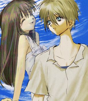 1boy 1girl ^_^ arm_support black_hair blonde_hair blue_eyes blue_sky closed_eyes cloud couple day dress film_grain fuquan9921 hetero long_hair looking_at_another mamiya_takuji open_mouth outdoors shirt short_hair short_sleeves sky smile subarashiki_hibi sundress takashima_zakuro white_dress white_shirt