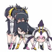 5girls :d animated bent_over black_hair blonde_hair choo_choo_train commentary dancing drawstring emperor_penguin_(kemono_friends) facing_viewer gentoo_penguin_(kemono_friends) hands_on_own_hips headphones hood hoodie humboldt_penguin_(kemono_friends) kemono_friends kneehighs legs_apart leotard long_hair looking_at_viewer looping_animation multicolored_hair multiple_girls open_mouth penguin_tail penguins_performance_project_(kemono_friends) pink_hair red_eyes red_hair rockhopper_penguin_(kemono_friends) royal_penguin_(kemono_friends) short_hair simple_background smile socks streaked_hair tail taro_(tontaro) video white_background white_hair white_legwear yellow_eyes