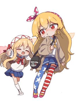 2girls :d ^_^ alternate_costume american_flag american_flag_print asymmetrical_legwear backpack bag behind_another beret black_bag blonde_hair blue_skirt blue_thighhighs blush bow bowtie brown_bag brown_cardigan cardigan closed_eyes clownpiece crossbody_bag deformed dot_nose double-parted_bangs english_text fairy_wings flag_print footwear_bow frown full_body furrowed_brow hairband hand_up hat hat_bow highres imminent_hug kneehighs lily_white long_hair long_sleeves looking_at_another looking_back magg_(user_mtca8588) miniskirt mismatched_legwear multiple_girls neckerchief nose_blush open_cardigan open_clothes open_mouth orange_wings outstretched_arms parted_lips pink_bow pink_hairband pink_shoes pink_wings pleated_skirt polka_dot polka_dot_bow polka_dot_hairband print_thighhighs red_bow red_bowtie red_eyes red_thighhighs running sailor_collar sailor_shirt school_bag school_uniform serafuku shirt shoes shoulder_strap simple_background skirt sleeves_past_wrists smile socks standing star_(symbol) star_print striped_clothes striped_thighhighs sweatdrop thighhighs touhou uwabaki very_long_hair white_background white_hat white_sailor_collar white_shirt white_shoes white_socks wings winter_uniform yellow_bow yellow_neckerchief zettai_ryouiki