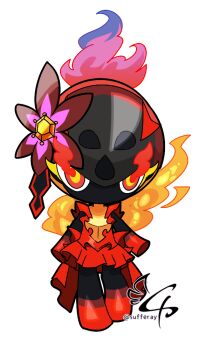 1girl alternate_design armor arms_at_sides artist_name black_helmet breastplate charcadet facing_viewer flower flower_on_head glowing glowing_eyes helmet looking_ahead nintendo pleated_skirt plume pokemon pokemon_(creature) pokemon_focus red_armor red_eyes red_skirt signature skirt sufferay transparent_background