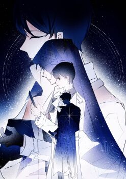 Rule 34 | 4boys, 8612starreader, black coat, black gloves, black hair, black shirt, closed eyes, coat, collared shirt, dual persona, expressionless, gloves, hand up, hashtag-only commentary, highres, holding, holding phone, hood, hood up, kim dokja, looking at phone, multiple boys, oldest dream, omniscient reader's viewpoint, open clothes, open coat, orange vest, phone, popped collar, secretive plotter, shirt, short hair, size difference, starry sky print, vest, white coat, white shirt, yoo joonghyuk