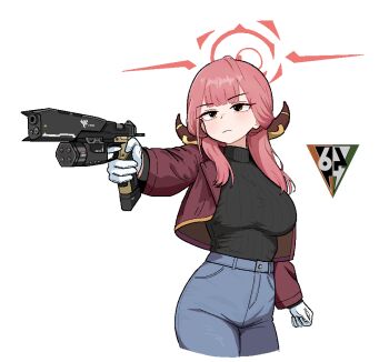 1girl aiming alternate_costume aru_(blue_archive) black_sweater blue_archive breasts brown_coat brown_horns closed_mouth coat cocktiel77 commentary compensator cropped_jacket cropped_legs demon_horns denim emblem english_commentary finger_on_trigger gloves gun halo handgun holding holding_gun holding_weapon horns jeans korean_commentary large_breasts long_sleeves low_horns magazine_(weapon) mixed-language_commentary pants pink_eyes pink_hair pink_halo red_halo simple_background smart_pistol solo sweater titanfall_(series) titanfall_2 turtleneck turtleneck_sweater weapon white_background white_gloves