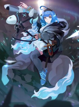 Rule 34 | absurdres, ahoge, black legwear, blue fire, bluebeel2, crown, dagger, drill hair, drill sidelocks, dullahan, fiery hair, fine art parody, fire, glowing horns, highres, horns, horse, horseback riding, huge ahoge, knife, long hair, napoleon bonaparte, napoleon crossing the alps, parody, prism project, rearing, reins, riding, rikudou yura, sidelocks, symbol-shaped pupils, thighhighs, virtual youtuber, weapon, x-shaped pupils, x x