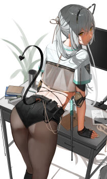 1girl absurdres animal_ears back_peek bent_over black_gloves black_pantyhose brown_eyes crop_top elbow_pads fake_animal_ears fingerless_gloves ganet_p gloves grey_hair highres long_hair looking_at_viewer original pantyhose short_shorts short_sleeves shorts skindentation solo tail twintails