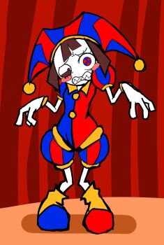 1girl blush circus full_body hat highres itoshiki_eru jester_cap jester_girl looking_at_viewer pomni_(the_amazing_digital_circus) sharp_teeth teeth the_amazing_digital_circus