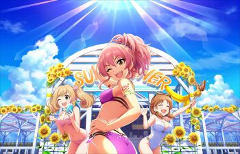 3girls ahoge bikini breasts brown_hair closed_eyes cloud day drink eyewear_on_head flower food glasses green_eyes hand_on_own_hip highres holding holding_drink holding_food jougasaki_mika katagiri_sanae large_breasts leaning_forward low_twintails midriff multiple_girls navel official_art one-piece_swimsuit one_eye_closed open_mouth outdoors pink_bikini pink_hair ponytail purple_bikini sato_shin short_twintails side_ponytail smile standing sunflower swimsuit third-party_source twintails white_one-piece_swimsuit yellow_flower