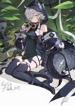 Rule 34 | 1girl, ahoge, arknights, artist name, bare shoulders, boots, breasts, chinese commentary, commentary request, covered navel, crocodile girl, crocodilian tail, flower, foliage, gloves, goggles, goggles around neck, grey gloves, grey hair, hand up, head tilt, high heel boots, high heels, highres, holding, holding staff, hood, hood up, hooded shirt, large tail, looking at viewer, outdoors, parted lips, partially fingerless gloves, pointy ears, poxiao buff, short hair, sitting, small breasts, solo, staff, tail, tail strap, thighhighs, thighs, tomimi (arknights), torn clothes, torn thighhighs, white flower, yellow eyes, yokozuwari