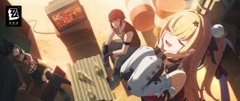 Rule 34 | 1boy, 2girls, ahoge, beanie, blonde hair, bottle, cissia (zenless zone zero), closed eyes, crop top, crossed legs, denim, hair between eyes, hair ornament, hat, highres, jeans, long hair, multiple girls, official art, one side up, open mouth, pants, pom pom (clothes), pom pom hair ornament, red eyes, sitting, smile, television, zenless zone zero