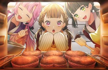 Rule 34 | 3girls, :d, :o, anyoji hime, apron, baking, black ribbon, blonde hair, bowl, brown dress, brown hair, chocolate, closed eyes, dress, from inside, game cg, gradient hair, green eyes, hair ribbon, hasu no shousankaku, hasu no sora school uniform, highres, holding, holding bowl, hood, hooded jacket, icing spatula, jacket, kachimachi kosuzu, link! like! love live!, long sleeves, love live!, low ponytail, low twintails, momose ginko, multi-tied hair, multicolored hair, multiple girls, neckerchief, non-web source, official art, open clothes, open jacket, open mouth, oven, oven interior, oven mitts, pink hair, pink jacket, ponytail, ribbon, sailor collar, sailor dress, school uniform, self-datamine, sidelocks, smile, thumbs up, twintails, virtual youtuber, white sailor collar, winter uniform, yellow apron, yellow neckerchief