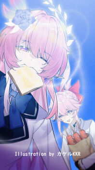 2girls animal_ears artist_name bag blue_necktie blue_sailor_collar blue_sky bread bread_slice chinese_commentary commentary_request corn_dog cyrene_(demiurge)_(honkai:_star_rail) cyrene_(honkai:_star_rail) diamond-shaped_pupils diamond_(shape) evanescia_(honkai:_star_rail) flower food food_in_mouth fox_ears fox_girl graphia_academy_school_uniform hair_flower hair_ornament holding holding_bag honkai:_star_rail honkai_(series) long_hair looking_at_viewer mouth_hold multiple_girls necktie one_eye_closed paper_bag pink_hair purple_eyes sailor_collar school_uniform shirt short_hair_with_long_locks sky srpzk symbol-shaped_pupils toast toast_in_mouth very_long_hair white_shirt