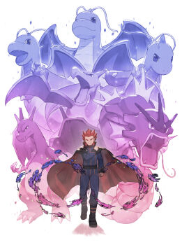 1boy absurdres aerodactyl belt black_belt black_cloak charizard clenched_hand cloak closed_mouth commentary_request dragonite energy gen_1_pokemon gyarados hand_up highres jacket lance_(pokemon) long_sleeves looking_at_viewer male_focus nintendo odd_(hin_yari) pants pokemon pokemon_(creature) pokemon_hgss red_eyes red_hair smile spiked_hair