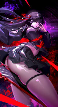 1girl absurdres alternate_breast_size_(larger) arm_cutout ass black_hair black_serafuku black_shirt black_skirt breasts chisa_(wuthering_waves) clothing_cutout commentary_request crop_top feet_out_of_frame fingernails hair_ribbon hand_up highres holding holding_sword holding_weapon large_breasts long_hair long_sleeves looking_at_viewer looking_to_the_side navel neckerchief no_panties open_mouth red_eyes red_neckerchief red_ribbon ribbon school_uniform serafuku shirt shou_xian_wu skirt solo stomach sword tacet_mark_(wuthering_waves) thigh_strap thighs weapon wuthering_waves