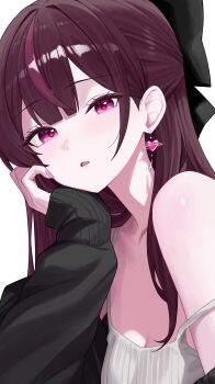 1girl absurdres bare_shoulders black_jacket bow breasts cleavage earrings fang hair_bow half_updo highres jacket jewelry jururu long_hair looking_at_viewer multicolored_hair off_shoulder open_mouth purple_eyes purple_hair sei_(0724sei6) shirt sleeveless sleeveless_shirt solo spaghetti_strap streaked_hair upper_body virtual_youtuber waktaverse white_shirt