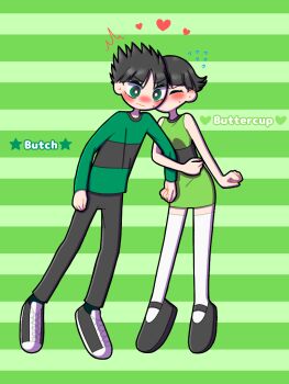 Rule 34 | 1boy, 1girl, aged up, arm hug, black hair, black pants, black shoes, blunt bangs, blush, butch (ppg), buttercup (ppg), closed eyes, commentary request, dress, dress shoes, english text, furrowed brow, green background, green dress, green eyes, green shirt, green socks, heart, hopara yankee, image sample, kiss, long sleeves, pants, parted bangs, pixiv sample, powerpuff girls, shirt, shoes, short hair, sleeveless, sneakers, socks, spiked hair, star (symbol), striped background, striped clothes, striped dress, striped shirt, surprise kiss, surprised, thighhighs, white thighhighs