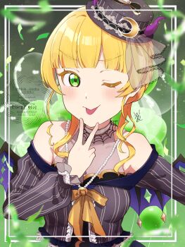 1girl absurdres balloon birthday blonde_hair blush breasts collarbone commentary confetti green_eyes hat heanna_sumire highres kyaku_tasu looking_at_viewer love_live! love_live!_superstar!! medium_breasts signature solo tongue tongue_out twitter_username upper_body v watermark