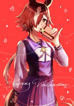Rule 34 | 1girl, animal ears, blush, bow, bowtie, box, box of chocolates, breasts, brown eyes, brown hair, closed mouth, commentary request, gift, gift box, hair over one eye, happy valentine, heart, highres, holding, holding gift, horse ears, horse girl, horse tail, long hair, long sleeves, looking at viewer, multicolored hair, pleated skirt, ponytail, purple sailor collar, purple serafuku, purple shirt, purple skirt, red background, sailor collar, school uniform, serafuku, shirt, skirt, solo, tail, tracen school uniform, umamusume, upper body, vodka (umamusume), white bow, white bowtie, white hair, yonaga (47ga yng)