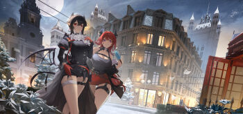 2girls absurdres architecture arknights ascot bare_shoulders bat_(animal) belt black_dress black_hair black_horns black_jacket black_panties breasts building bush chain chest_strap cleavage closed_mouth cloud creator_connection demon_girl demon_horns door double-parted_bangs dress dutch_angle earrings entelechia_(arknights) european_architecture feet_out_of_frame flower food garter_straps gloves gluteal_fold hair_between_eyes hair_horns hair_intakes highres holding horns ice_cream jacket jewelry juliet_sleeves knees lamppost large_breasts lips long_hair long_sleeves looking_at_viewer microskirt miguan_pt mole mole_under_eye moon multiple_girls night night_sky panties phone_booth pointy_ears power_lines puffy_sleeves purple_eyes red_eyes red_gloves red_hair road rooftop scenery short_hair skirt sky smile snow standing surtr_(arknights) thigh_gap thigh_strap traffic_light tree underwear vampire very_long_hair white_ascot window wings