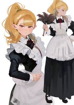 1girl :/ apron black_dress black_footwear blonde_hair closed_mouth collared_dress dress duster expressionless feather_duster frilled_apron frills full_body hair_tie hand_on_own_hip high_ponytail highres holding holding_duster juliet_sleeves kn_rookie long_dress long_sleeves looking_at_viewer maid mary_janes medium_hair multiple_views neck_ribbon original pantyhose pointy_ears ponytail puffy_sleeves red_eyes red_ribbon ribbon shoes simple_background standing white_apron white_background white_pantyhose