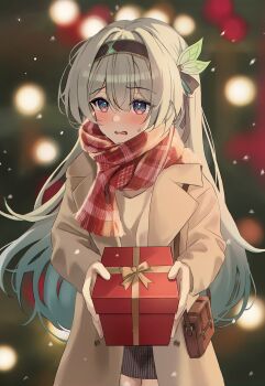 1girl absurdres alternate_costume blurry blurry_background box christmas commentary firefly_(honkai:_star_rail) gift gift_box gradient_hair grey_hair highres holding holding_gift jacket k2_(kazu1030) looking_at_another multicolored_hair open_mouth red_scarf scarf skirt snowing solo symbol-only_commentary
