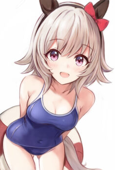 1girl animal_ears arms_behind_back bow breasts curren_chan_(umamusume) ear_bow ear_covers gluteal_fold horse_ears horse_girl horse_tail looking_at_viewer medium_breasts nannacy7 open_mouth purple_eyes red_bow school_swimsuit simple_background smile solo swimsuit tail tracen_swimsuit umamusume white_background