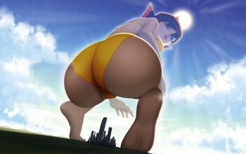 1girl absurdres ass ass_focus avengers_(series) barefoot bikini blue_eyes breasts brown_hair city female_focus from_behind full_body giant giantess highres janet_van_dyne large_breasts lips looking_at_viewer marvel ravenravenraven short_hair solo squatting swimsuit the_avengers:_earth&#039;s_mightiest_heroes! wasp_(marvel)