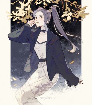 1girl alternate_universe asymmetrical_bangs black_choker black_jacket black_nails border brown_eyes choker closed_mouth cowboy_shot dress falling_leaves genderswap genderswap_(mtf) gradient_background green_lips grey_background grey_hair hand_up he_xuan high_ponytail highres jacket leaf lipstick long_dress long_hair long_sleeves looking_at_viewer makeup masyanajoy mermaid_dress pointy_ears ponytail solo tianguan_cifu white_dress xiao_guan_(headdress) yellow_border