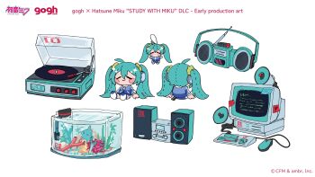 absurdres character_doll character_name company_name computer computer_mouse copyright_name copyright_notice doll fish_tank gogh:_focus_with_your_avatar hatsune_miku highres no_humans object_focus official_art radio stereo vinyl_record vocaloid white_background