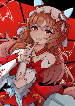 1girl absurdres animal_ears arnolddayo blush breasts brown_hair cleavage collarbone commentary_request detached_sleeves fingernails hair_between_eyes hair_ornament highres horse_ears horse_girl horse_tail looking_at_viewer pointing pointing_at_self red_background red_eyes ribbon simple_background small_breasts still_in_love_(scarlet_vow_raiment)_(umamusume) still_in_love_(umamusume) tail umamusume veil