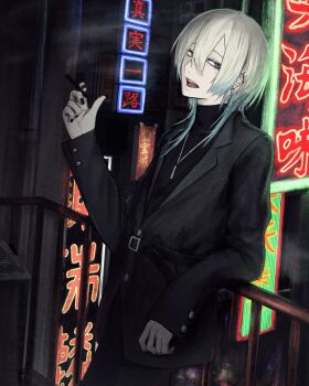 1boy against_railing arm_up balcony black_jacket black_nails black_shirt cigarette cowboy_shot ear_piercing gradient_hair grey_eyes hair_between_eyes hashtag-only_commentary highres holding holding_cigarette jacket jewelry long_hair long_sleeves looking_to_the_side multicolored_hair necklace neon_sign original outdoors piercing railing sharp_teeth shirt smoke smoking solo teeth tongue_piercing tuba_io turtleneck white_hair