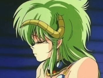 1girl 80s animated animated_gif anime_screenshot bare_shoulders black_eyes green_hair jewelry johji_manabe kahm necklace official_art oldschool oni outlanders smile