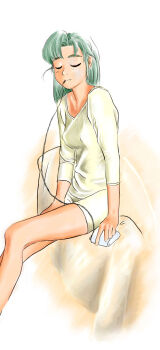 1girl amano_takumi breasts cable camera closed_eyes covered_erect_nipples green_hair hatsuseno_alpha long_hair medium_breasts mouth_hold shirt sitting solo white_shirt yokohama_kaidashi_kikou