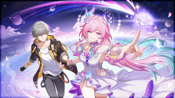 1boy 1girl absurdres aqua_hair black_coat black_gloves black_pants breasts caelus_(honkai:_star_rail) chinese_commentary coat commentary_request cyrene_(honkai:_star_rail) cyrene_(ripples_of_past_reverie)_(honkai:_star_rail) diamond-shaped_pupils diamond_(shape) dress fingerless_gloves flower gloves grey_hair hair_flower hair_ornament halo highres holding_hands honkai:_star_rail honkai_(series) lantian_ol large_breasts long_hair multicolored_hair pants parted_lips pink_hair planet planetary_ring purple_eyes puzzle_piece shirt short_hair smile symbol-shaped_pupils thighs trailblazer_(honkai:_star_rail) very_long_hair white_dress white_hair white_shirt yellow_eyes