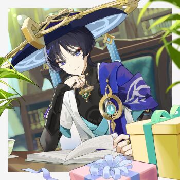 1boy anemo_symbol_(genshin_impact) armor black_bodysuit black_bridal_gauntlets black_hair blue_cape blue_gem blue_hat blue_kimono blue_sleeves blunt_ends blurry bodysuit book bookshelf border box bridal_gauntlets bright_pupils cape chair closed_mouth covered_collarbone cup depth_of_field elbow_rest eyeliner furisode gem genshin_impact gift gift_box gold gold_ring green_ribbon hand_up hashtag-only_commentary hat highres ike_0910 japanese_armor japanese_clothes jingasa juban kimono kote kurokote layered_sleeves library looking_at_viewer makeup male_focus mandarin_collar middle_ring open_book open_clothes open_kimono parted_bangs plant pom_pom_(clothes) purple_cape purple_eyes purple_ribbon purple_rope red_eyeliner ribbon rope scaramouche_(genshin_impact) short_sleeves shoulder_peek sitting smile solo split_mouth table teacup tsurime two-tone_cape vision_(genshin_impact) wanderer_(genshin_impact) white_border white_kimono white_pupils white_sleeves white_trim wispy_bangs