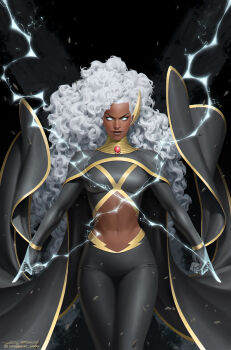 1girl big_hair black_background black_cape black_pants breasts cape comic_cover commentary curly_hair dark-skinned_female dark_skin electricity electrokinesis english_commentary floating_clothes glowing glowing_eyes highres index_finger_raised long_hair looking_at_viewer marvel medium_breasts midriff navel no_pupils official_art pants signature solo storm_(x-men) superhero_costume twitter_username very_long_hair white_hair x-men yellow_trim yoon_junggeun