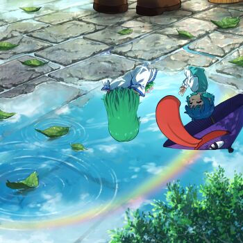 Rule 34 | 2girls, :o, absurdres, blue hair, blue vest, closed eyes, cloud, commentary, commentary request, day, detached sleeves, english commentary, green hair, heterochromia, highres, holding, holding umbrella, juliet sleeves, karakasa obake, kochiya sanae, leaf, long sleeves, mixed-language commentary, multiple girls, outdoors, puddle, puffy sleeves, purple umbrella, rainbow, reflection, reflection focus, reflective liquid, ripples, stone walkway, suteruko, tatara kogasa, touhou, umbrella, v, vest, water