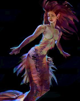 1girl \m/ absurdres aegyo_sal black_background brown_eyes commentary highres long_hair looking_to_the_side mermaid messy_hair monster_girl nude original outstretched_arms painterly pointy_ears red_hair red_lips scales simple_background solo symbol-only_commentary twulfs