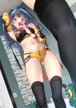 1girl \||/ adjusting_hair animal_ears antenna_hair arm_up armpits artist_name bare_shoulders black_hair black_shirt black_shorts black_sleeves black_thighhighs blue_hair blue_nails blunt_bangs blush bracelet breasts cellphone closed_mouth cosplay crop_top detached_sleeves fake_animal_ears fake_tail fang from_below gluteal_fold holding holding_phone jewelry kanojo_okarishimasu light_smile long_hair looking_at_viewer medium_breasts midriff mirror mirror_selfie multicolored_hair nail_polish navel open_fly phone pink_eyes plant potted_plant reflection selfie shirt short_shorts shorts skindentation sleeveless sleeveless_shirt smartphone solo standing streaked_hair switch sydus tail taking_picture thigh_gap thighhighs two-tone_shirt two-tone_sleeves yaemori_mini yellow_shirt yellow_shorts yellow_sleeves ||/