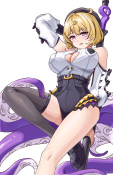 1girl arm_up bare_shoulders beret black_shorts blonde_hair breasts cleavage cleavage_cutout clothing_cutout commentary_request detached_sleeves hair_between_eyes hat high-waist_shorts highres holding holding_polearm holding_weapon hp1598 large_breasts looking_at_viewer monster_girl polearm purple_eyes scylla shirt short_hair shorts simple_background smile solo tentacle_girl tentacles thighs weapon white_background white_shirt yidhari_murphy zenless_zone_zero