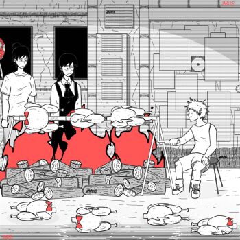 1boy 2girls animated animated_gif artist_name bow bowtie breasts bucky_(chainsaw_man) chainsaw_man denji_(chainsaw_man) dress fire fourth_east_high_school_uniform frown greyscale jaruis log looping_animation medium_breasts mitaka_asa mitaka_asa's_mother monochrome mother_and_daughter multiple_girls pinafore_dress red_bow red_bowtie roasting school_uniform shorts sleeveless sleeveless_dress smile spot_color stool tank_top traditional_bowtie