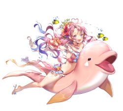1girl animal artist_request blue_eyes blush breasts bubble character_request copyright_request dolphin feet fish floating_hair flower full_body gradient_hair hair_flower hair_ornament heart heart_tattoo long_hair multicolored_hair open_mouth pink_dolphin pink_hair pointing pointing_at_viewer purple_hair small_breasts smile starfish tattoo transparent_background