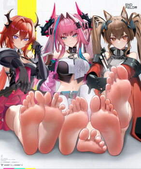 Rule 34 | 3girls, :3, absurdres, angelina (arknights), animal ears, arknights, arknights: endfield, barefoot, blue eyes, bm (bm364364), breasts, brown eyes, brown hair, commentary request, crop top, feet, foot focus, fox ears, gilberta (arknights), highres, horns, jacket, laevatain (arknights), large breasts, long hair, multiple girls, no shoes, pantyhose, pink hair, pointy ears, red eyes, red jacket, sitting, smile, surtr (arknights), thighhighs, twintails, white pantyhose, yvonne (arknights)