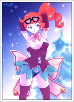 1girl alternate_costume aqua_eyes arms_behind_head artist_name bell black-framed_eyewear black_dress black_gloves black_thighhighs blue_panties bow bowtie buttons christmas christmas_tree commentary_request dress elbow_gloves eyewear_on_head gloves gluteal_fold hair_ornament heart heart_hair_ornament highres microdress nintendo orange-tinted_eyewear orange_hair panties pokemon pokemon_swsh side_ponytail side_ponytail_with_hair_base smile solo sonia_(pokemon) strapless strapless_dress sunglasses swept_bangs thighhighs tinted_eyewear tramposin underwear wavy_hair