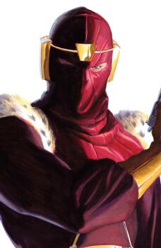 1boy absurdres alex_ross baron_zemo blue_eyes bodysuit captain_america_(series) comic_cover cover cover_page crown fur-trimmed_bodysuit gloves highres looking_at_viewer male_focus marvel official_art one_eye_in_shadow purple_bodysuit purple_mask realistic solo upper_body western_comics_(style) white_background yellow_gloves